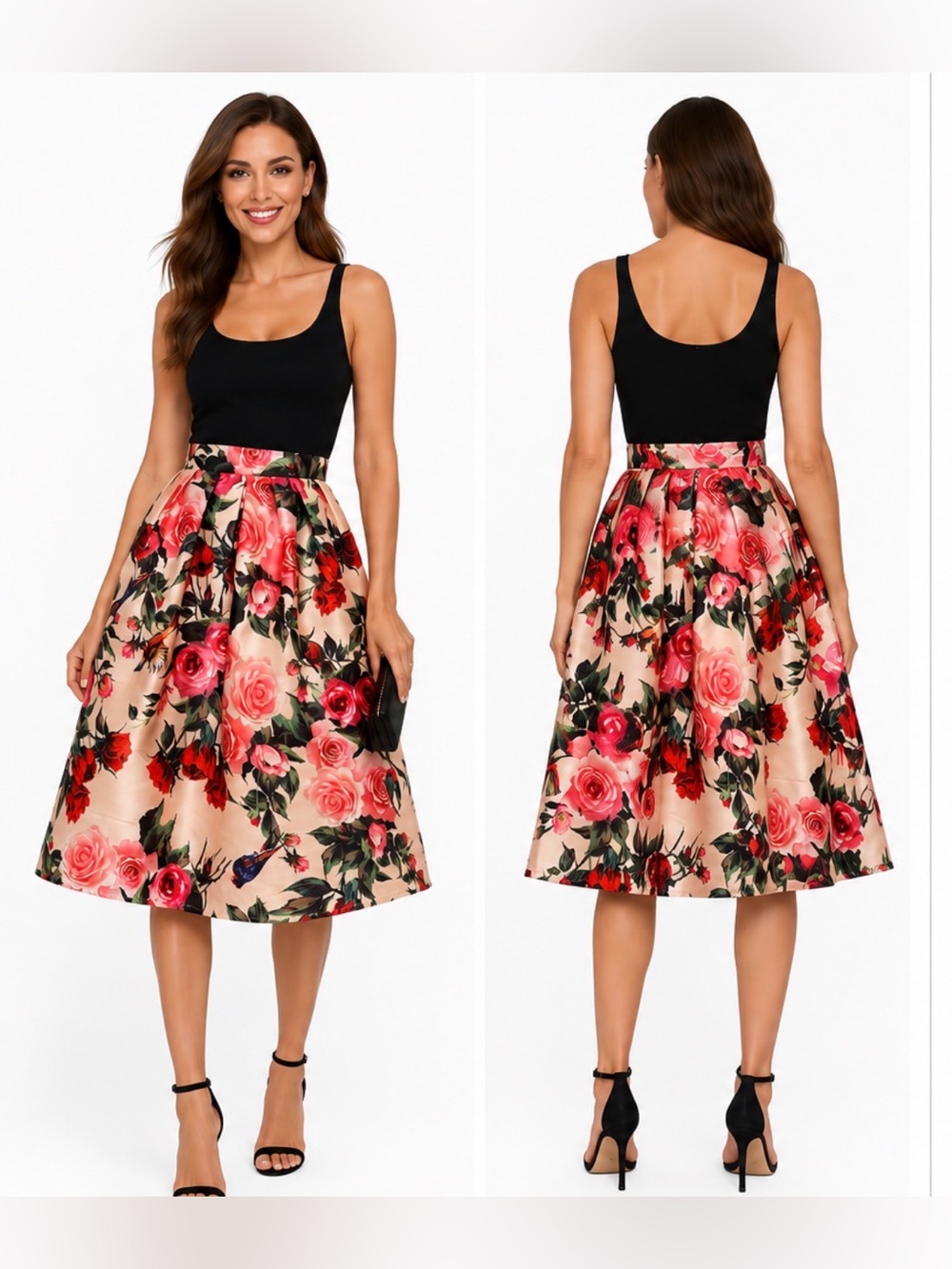 Floral Satin High-Waist Midi Skirt - Champagne Blush with Pink Roses